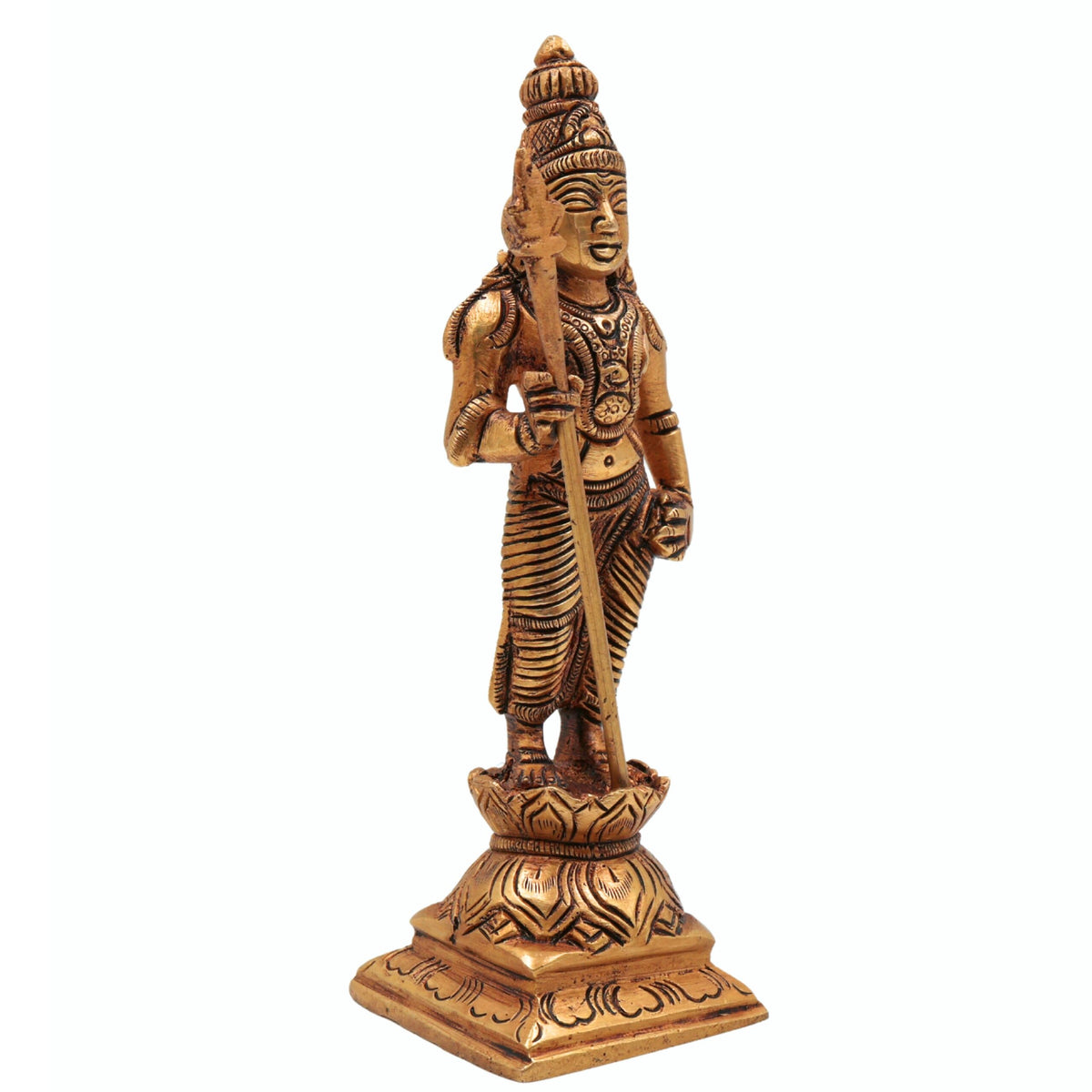 Brass Lord Murugan standing idol holding Vel with intricate traditional detailing and decorative pedestal.-artycraftz.com