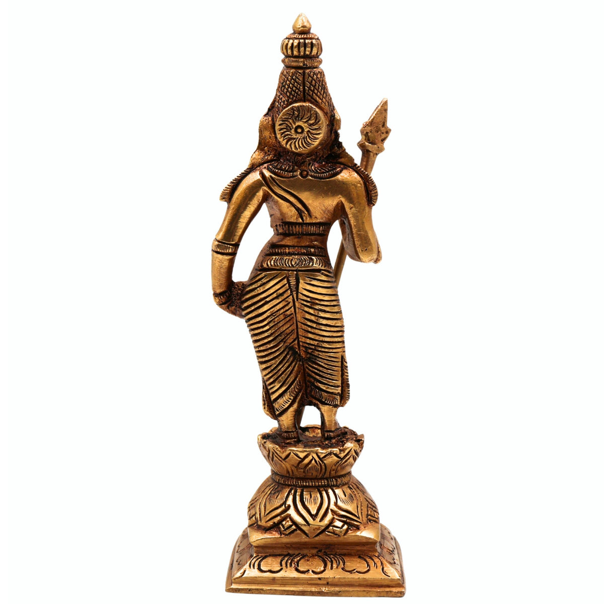 Brass Lord Murugan standing idol holding Vel with intricate traditional detailing and decorative pedestal.-artycraftz.com