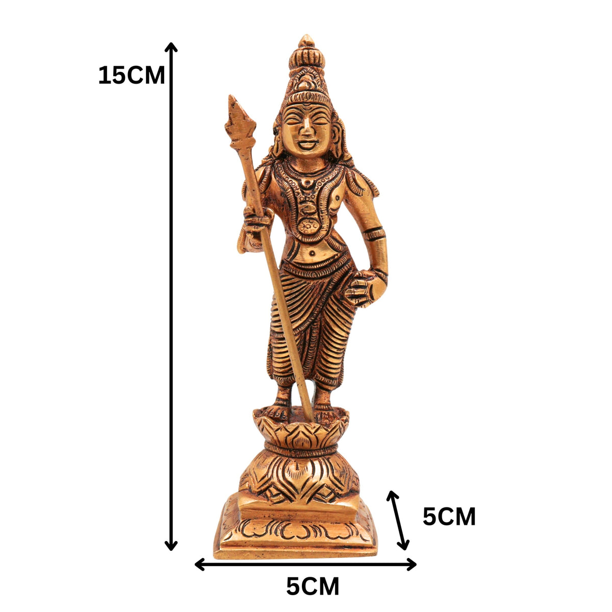 Brass Lord Murugan standing idol holding Vel with intricate traditional detailing and decorative pedestal.-artycraftz.com