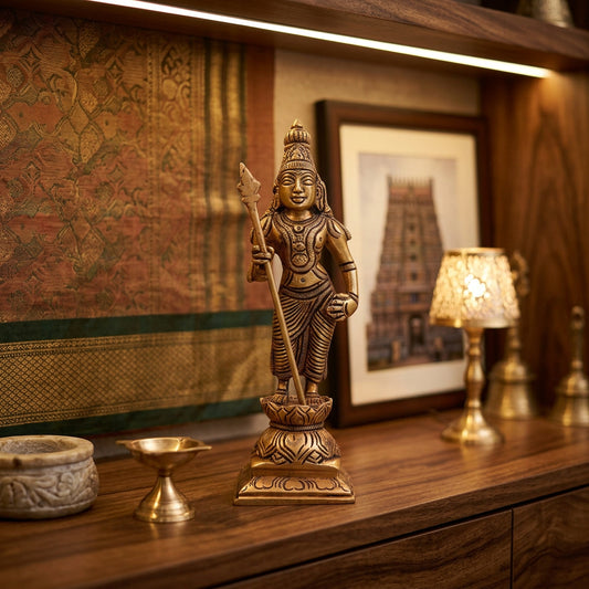 Brass Lord Murugan standing idol holding Vel with intricate traditional detailing and decorative pedestal.-artycraftz.com