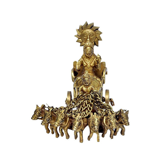 Brass Lord Surya with His 7 Horses sculpture , 8.5-inch, Standard, Golden - ArtyCraftz.com