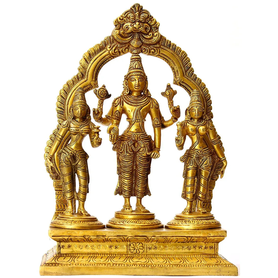 Brass Lord Vishnu Shridevi and Bhudevi Statue, Height 10" - ArtyCraftz.com