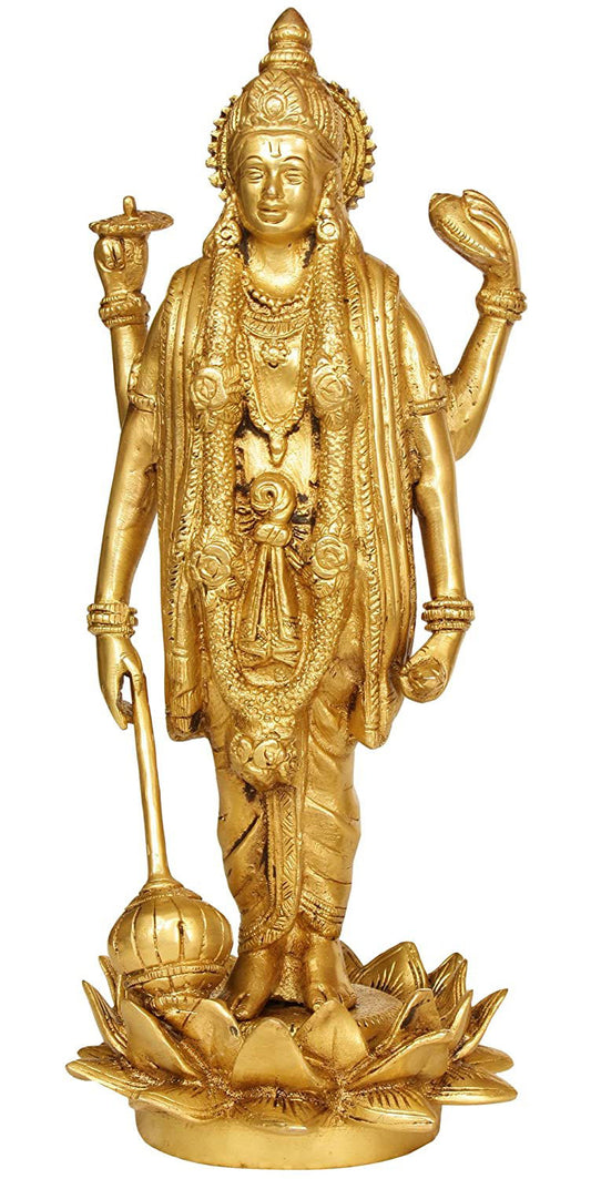 Brass Lord Vishnu Standing on Lotus Base Statue, Height 12" I Home D?cor - ArtyCraftz.com
