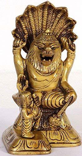 Handcrafted 5.5-inch solid brass Narasimha idol with young Prahlad devotee standing beside him, lion-man form with Sheshnag hood crown, antique gold finish — ArtyCraftz