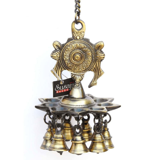 Brass Made Chakra Symbol Hanging Diya With Bells - ArtyCraftz.com