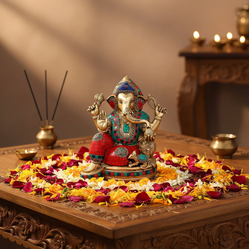 Brass Mangalakari Multicolor Inlay Ganesha Statue-ArtyCraftz.com