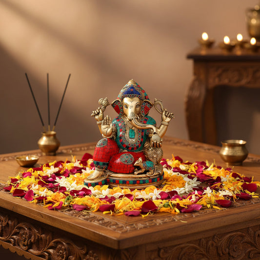 Brass Mangalakari Multicolor Inlay Ganesha Statue-ArtyCraftz.com