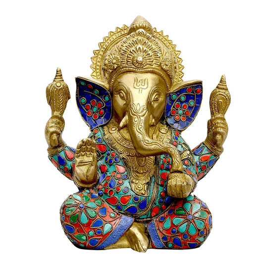 Handcrafted 9-inch solid brass Ganesha idol — full body turquoise, coral red and lapis blue stone inlay with floral and paisley motifs on ears, body and dhoti, gold face and crown — ArtyCraftz