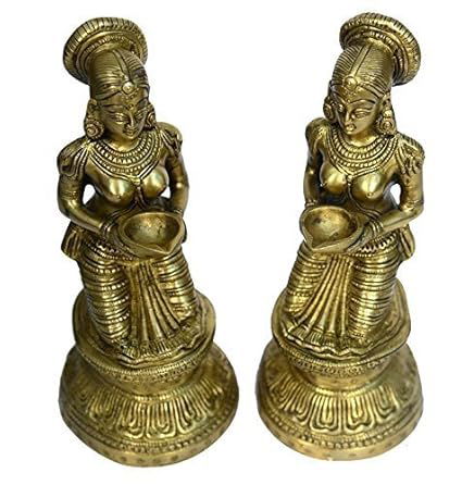 Brass Metal Oil Lamp Deep Lady with Deepak On Siting Statue Pair - ArtyCraftz.com