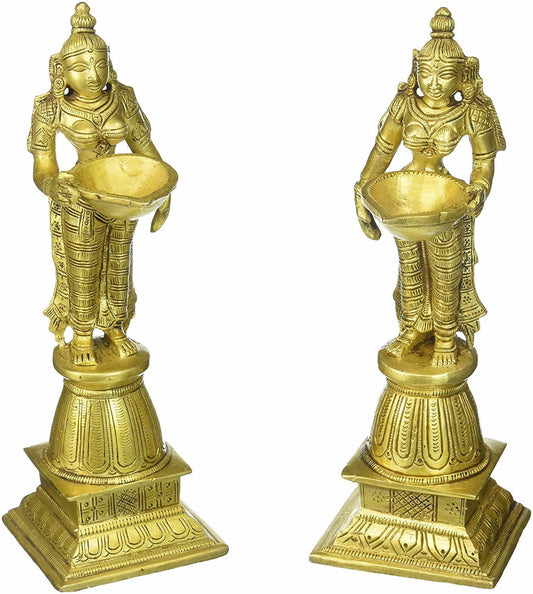 Brass Metal (Oil Lamp Deep Lady with Standing Statue of Pair), Height : 23 cm - ArtyCraftz.com