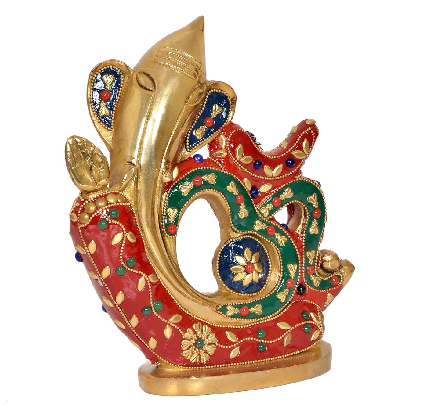 Brass Multicolor Artwork Om Shaped Ganesha Statue Left View-ArtyCraftz.com