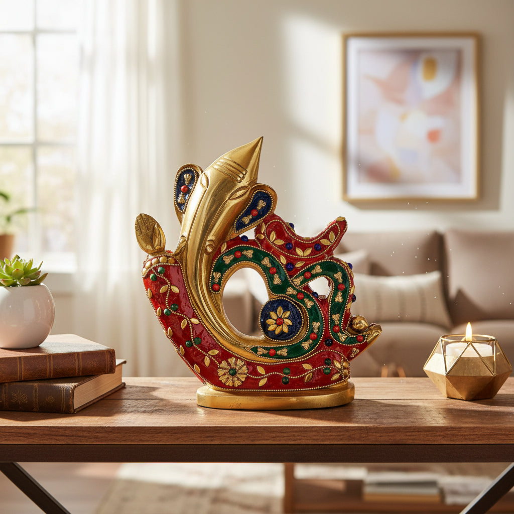 Brass Multicolor Artwork Om Shaped Ganesha Statue-ArtyCraftz.com