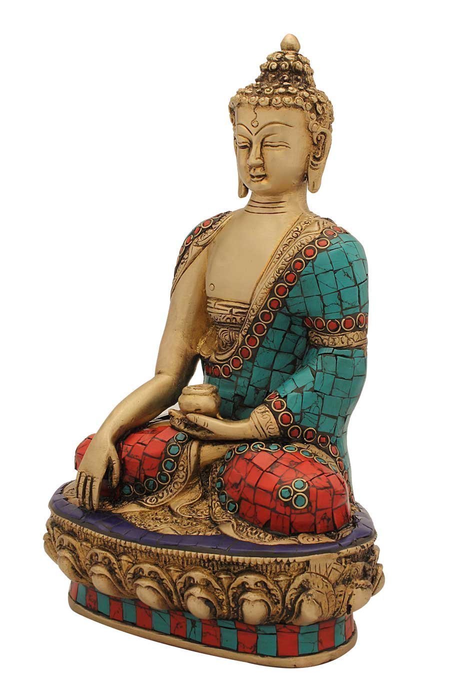 Brass Multicolor Inlay Tathagata Buddha 10 Inches Statue-ArtyCraftz.com