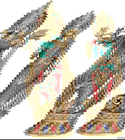 Brass Multicolor Radha Krishna Statue for home decor and puja - ArtyCraftz.com
