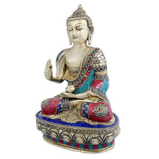 Brass Multicolored Inlay Buddha with Abhaya Hasta and Medical Bowl Idol-ArtyCraftz.com