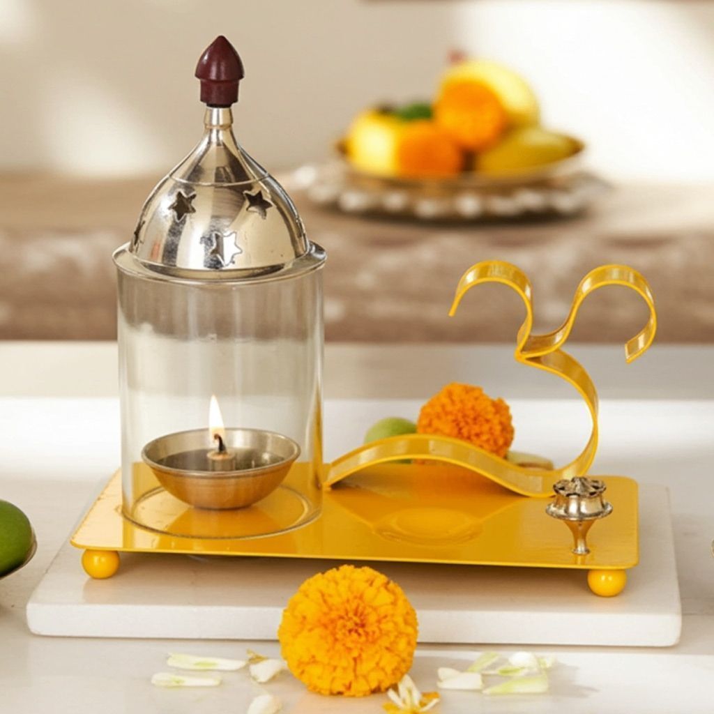 Brass Om Diya With Agarbatti Stand Yellow Color