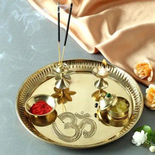 Brass Om Engraved Pooja Thali set-ArtyCraftz.com