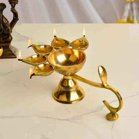 Brass Panchmukhi Aarti Diya with Camphor Holder – Handcrafted Traditional Puja Diya for Rituals and Decor-ArtyCraftz.com