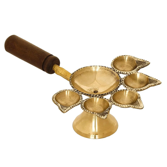Brass Panchmukhi Aarti Diya with Wooden Handle-ArtyCraftz.com