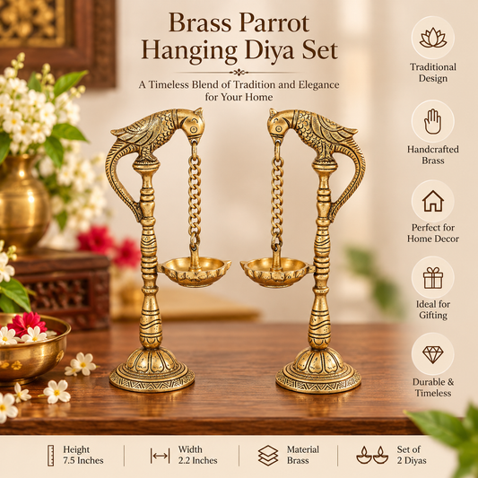 Brass Parrot Hanging Diya Set of 2 – Traditional Oil Lamp-artycraftz.com