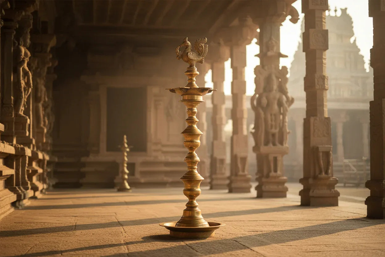 Brass Peacock Deepam Lamp Stand — 56 Inch Monumental Handcrafted Temple Diya | Pooja Room & Mandir-ArtyCraftz.com