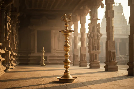 Brass Peacock Deepam Lamp Stand — 56 Inch Monumental Handcrafted Temple Diya | Pooja Room & Mandir-ArtyCraftz.com