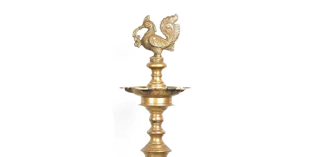 Brass Peacock Deepam Lamp Stand — 56 Inch Monumental Handcrafted Temple Diya | Pooja Room & Mandir-ArtyCraftz.com