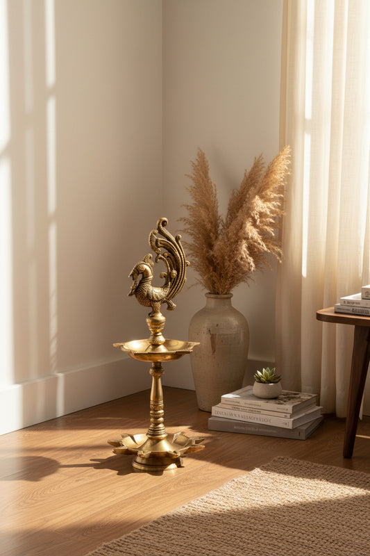 Brass Peacock Diya Lamp 17.5 Inch Traditional Oil Lamp Deepam-ArtyCraftz.com