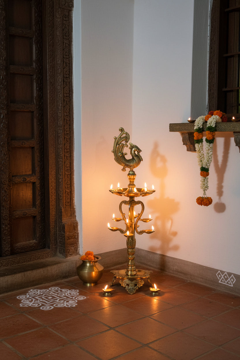 Brass Peacock Diya Lamp 25 Inch Traditional Floor Standing Deepam-ArtyCraftz.com
