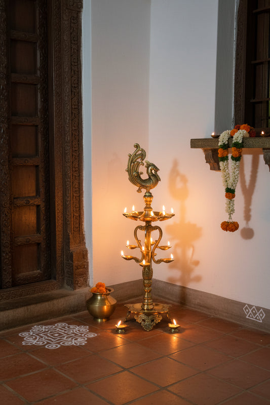 Brass Peacock Diya Lamp 25 Inch Traditional Floor Standing Deepam-ArtyCraftz.com