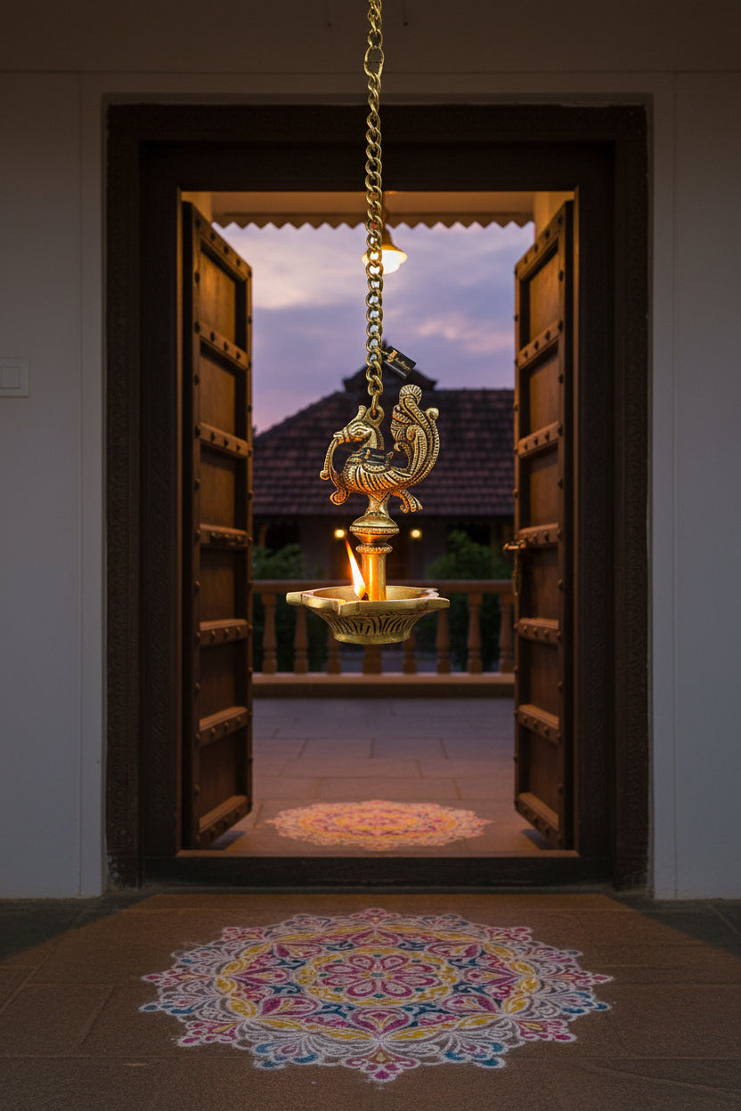 Brass Peacock Thooku Vilakku-Hanging Pooja Lamp-artycraftz.com
