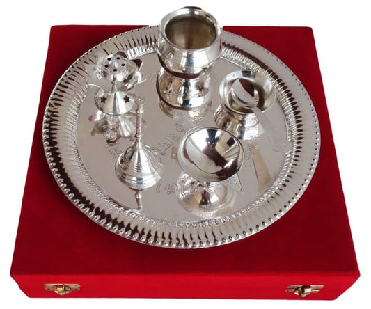 Brass Pooja Thali Set with Silver Coating in Velvet Gift Box-ArtyCraftz.com
