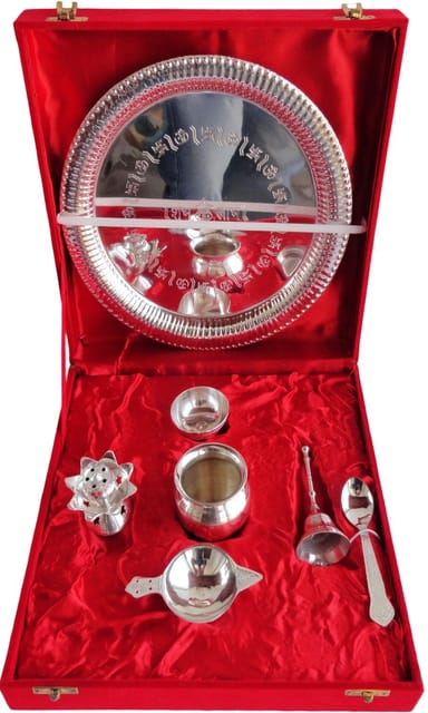 Brass Pooja Thali Set with Silver Coating in Velvet Gift Box-ArtyCraftz.com