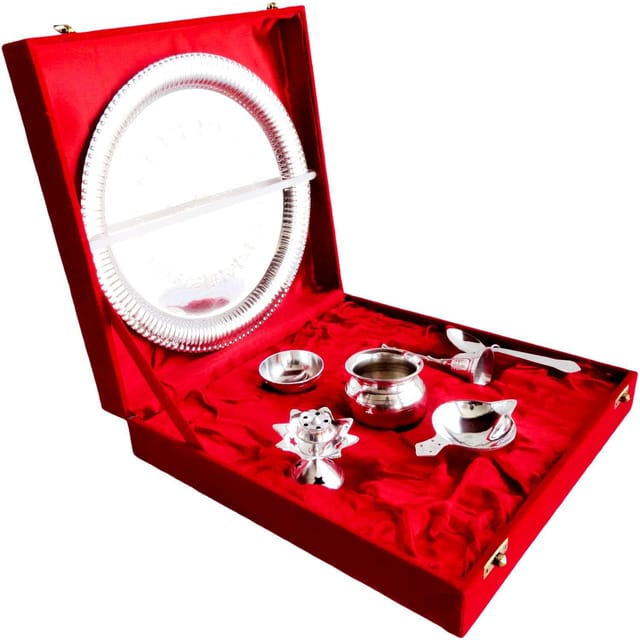 Brass Pooja Thali Set with Silver Coating in Velvet Gift Box-ArtyCraftz.com