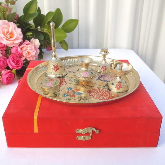 Brass Pooja Thali Set with Velvet Gift Box-ArtyCraftz.com