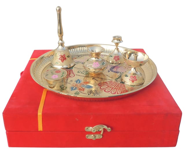Brass Pooja Thali Set with Velvet Gift Box-ArtyCraftz.com