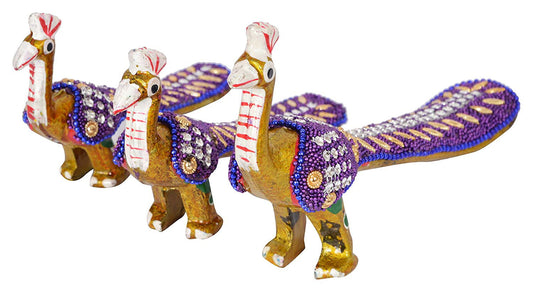 Brass Rajasthani Hand Painted Peacocks (18 cm x 5 cm x 12 cm, Pack of 3) - ArtyCraftz.com