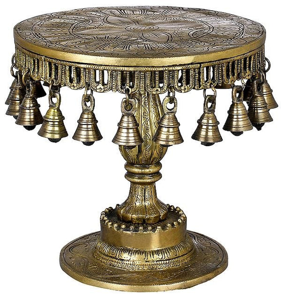 Brass Round Ritual Chowki with Bells 10 Inches-ArtyCraftz.com