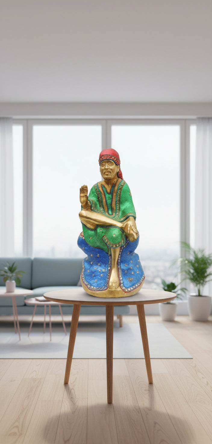 Brass Sai Baba Sitting Statue with Colorful Enamel Work-ArtyCraftz.com