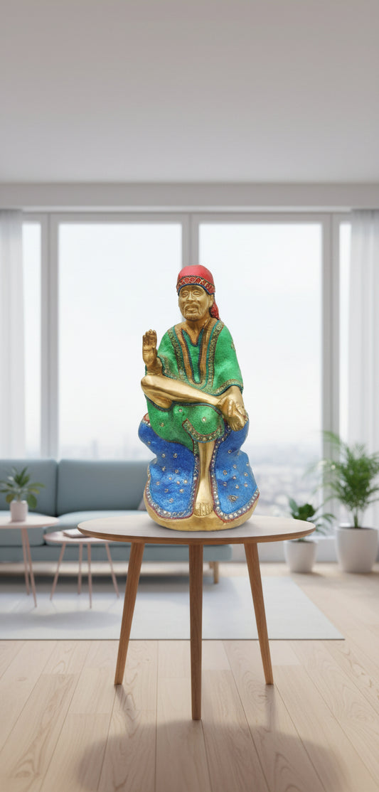 Brass Sai Baba Sitting Statue with Colorful Enamel Work-ArtyCraftz.com