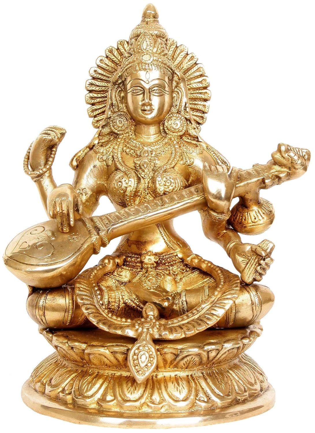 Brass Saraswati Idol for Home. Height 9 Inch - ArtyCraftz.com