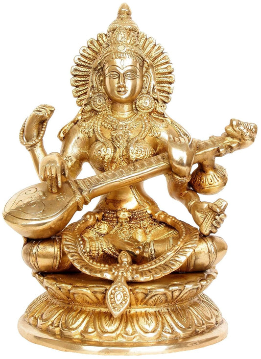 Brass Saraswati Idol for Home. Height 9 Inch - ArtyCraftz.com