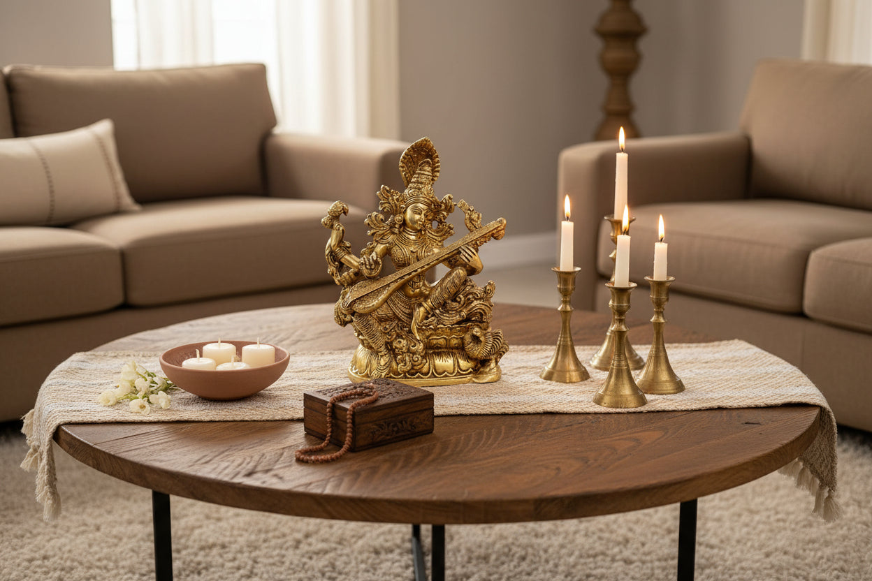 Brass Saraswati Idol with Veena for Home Temple & Study Decor Veena-Vadini Kamalasana-ArtyCraftz.com