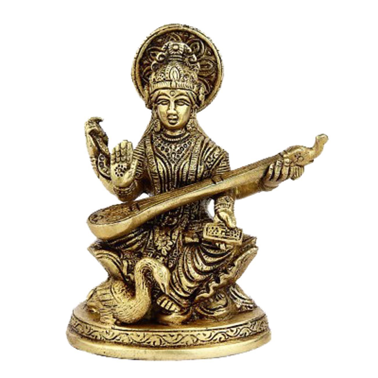 Brass Saraswati With Hamsa and Veena Statue-ArtyCraftz.com