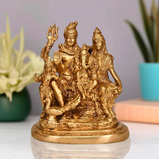 Brass Shiv Parivar idol featuring Lord Shiva, Parvati, Ganesha and Kartikeya with Nandi-artycraftz.com 