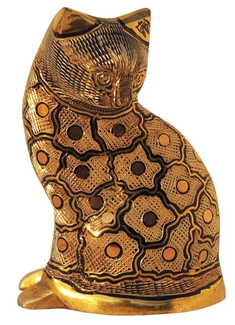 Brass Sitting Cat Figurine with Intricate Engravings and Antique Gold Finish-artycraftz.com
