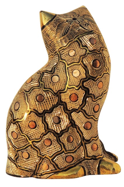 Brass Sitting Cat Figurine with Intricate Engravings and Antique Gold Finish-artycraftz.com