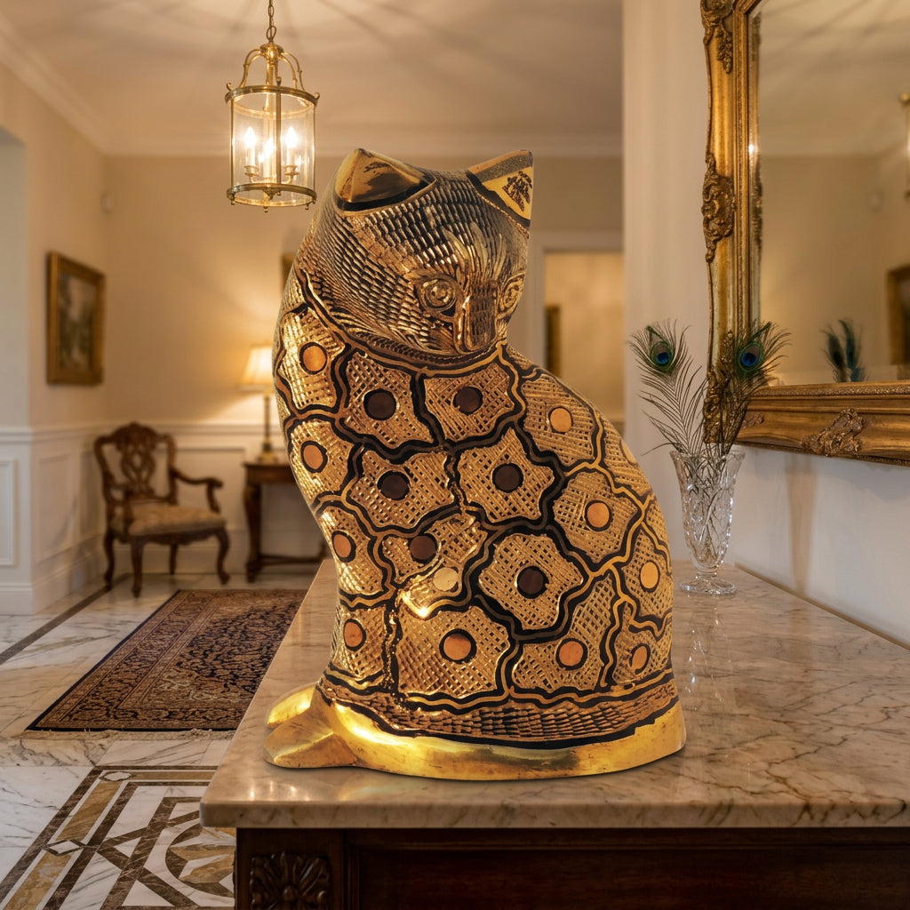 Brass Sitting Cat Figurine with Intricate Engravings and Antique Gold Finish-artycraftz.com