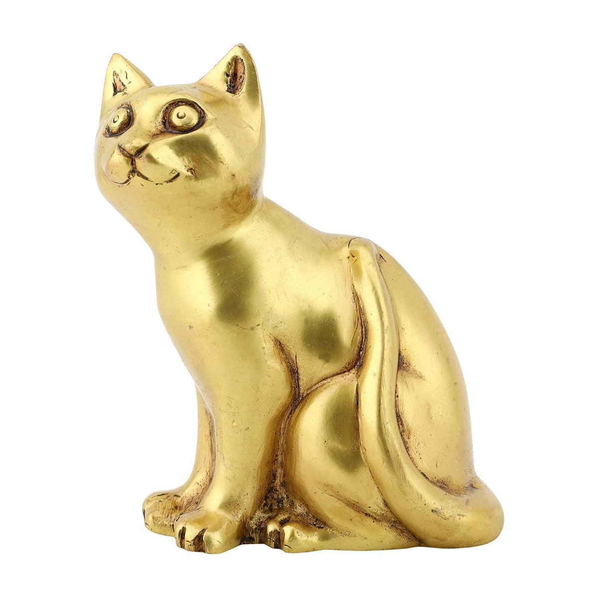 Brass Sitting Cat Statue with Golden Finish and Antique Detailing-artycraftz.com
