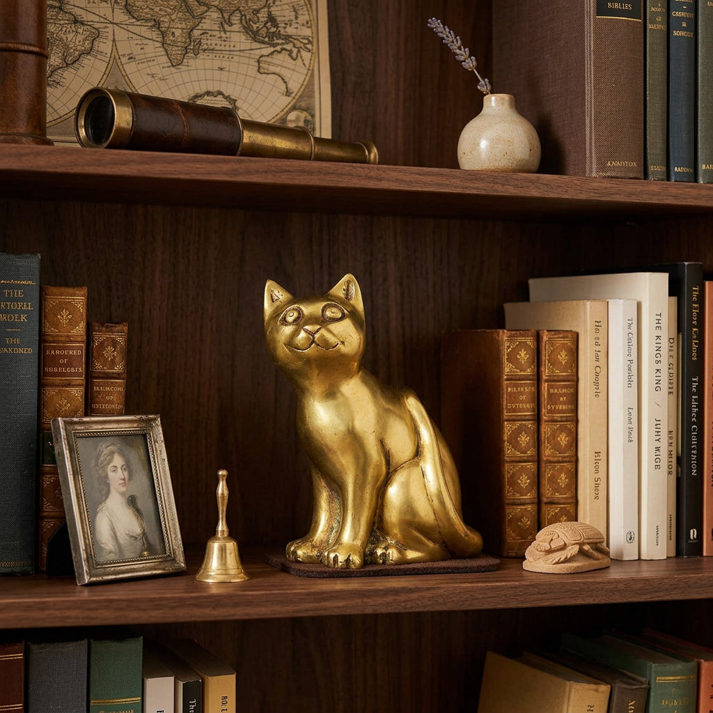 Brass Sitting Cat Statue with Golden Finish and Antique Detailing-artycraftz.com